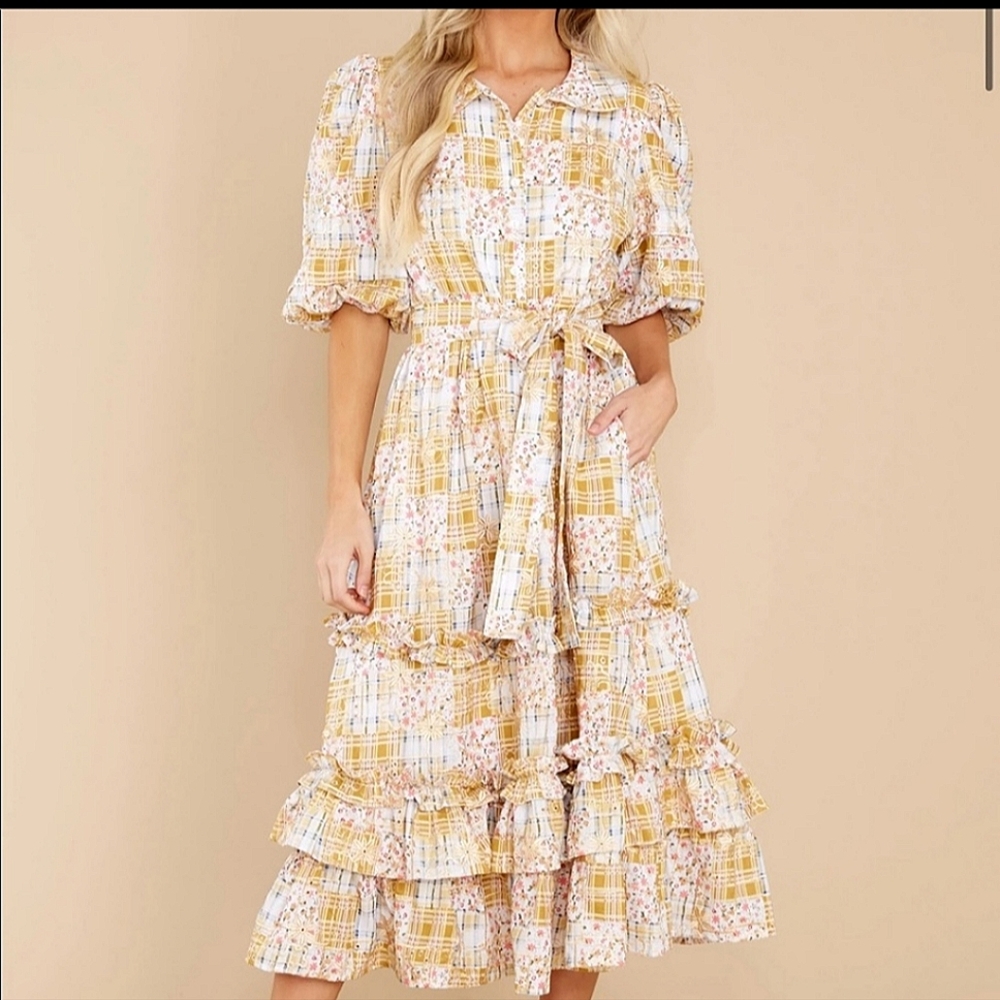 Embroidered Floral & Plaid Puff Sleeve Full Maxi Dress Cottagecore Prairie SM